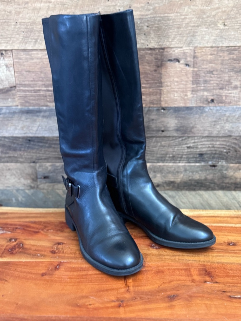 Nine West NW7SENIOR Black Leather Tall Knee High Riding Boots Size 12M Buckle